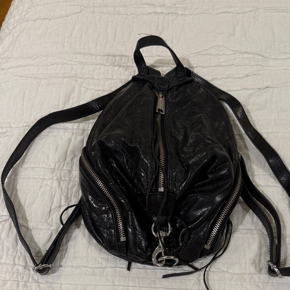 Rebecca Minkoff Mini Julian Black Leather Backpack with Silver Zippers